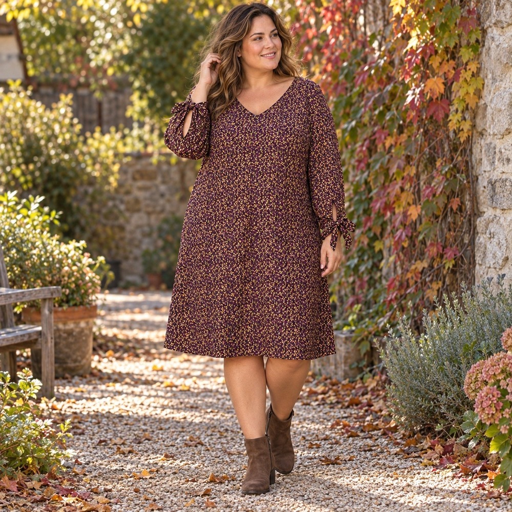 Blancheporte GB24 F52 Floral Leaf V Neck Dress Burgundy Boho Autumn Romantic